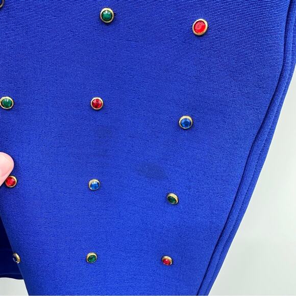 Vintage Tadashi 80s Blue Jeweled Bling Bodycon Sheath Knit Knee Length Dress - Picture 10 of 15